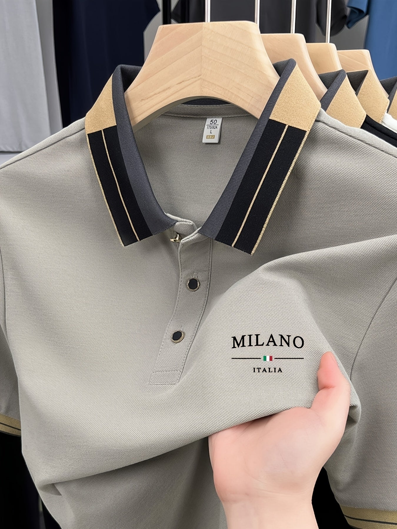 Camisa POLO ligera y suave para hombre con estampado 'MILANO ITALIA' | Ropa transpirable de verano casual y de negocios, corte regular, cuello con botones, ideal para vacaciones y uso diario, diseño de contraste de moda, tejido suave