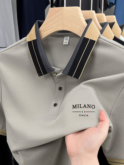 Camisa POLO ligera y suave para hombre con estampado 'MILANO ITALIA' | Ropa transpirable de verano casual y de negocios, corte regular, cuello con botones, ideal para vacaciones y uso diario, diseño de contraste de moda, tejido suave