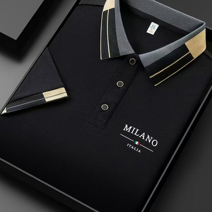 Camisa POLO ligera y suave para hombre con estampado 'MILANO ITALIA' | Ropa transpirable de verano casual y de negocios, corte regular, cuello con botones, ideal para vacaciones y uso diario, diseño de contraste de moda, tejido suave