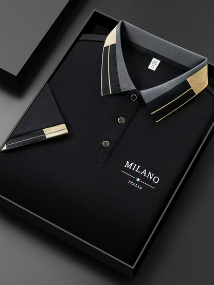Camisa POLO ligera y suave para hombre con estampado 'MILANO ITALIA' | Ropa transpirable de verano casual y de negocios, corte regular, cuello con botones, ideal para vacaciones y uso diario, diseño de contraste de moda, tejido suave