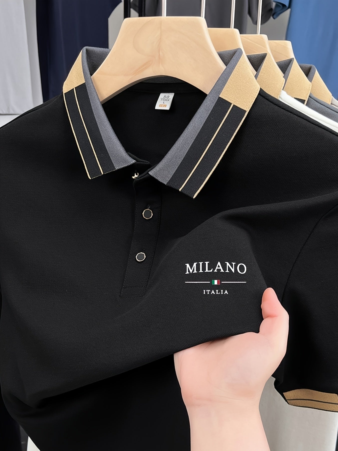 Camisa POLO ligera y suave para hombre con estampado 'MILANO ITALIA' | Ropa transpirable de verano casual y de negocios, corte regular, cuello con botones, ideal para vacaciones y uso diario, diseño de contraste de moda, tejido suave