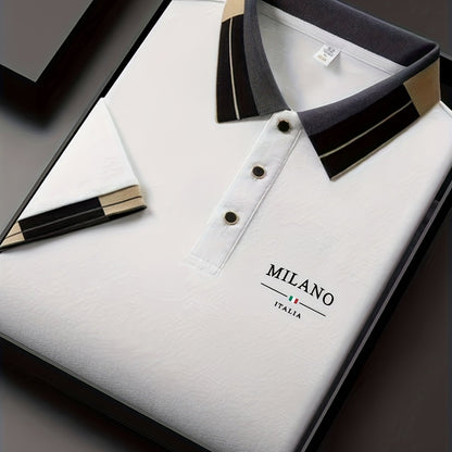 Camisa POLO ligera y suave para hombre con estampado 'MILANO ITALIA' | Ropa transpirable de verano casual y de negocios, corte regular, cuello con botones, ideal para vacaciones y uso diario, diseño de contraste de moda, tejido suave