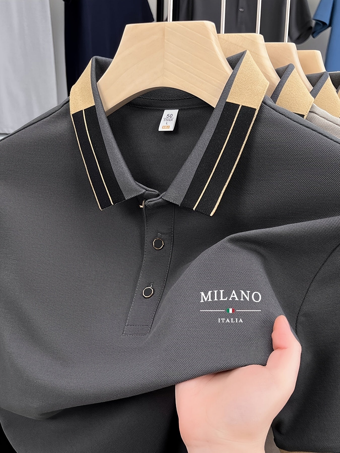 Camisa POLO ligera y suave para hombre con estampado 'MILANO ITALIA' | Ropa transpirable de verano casual y de negocios, corte regular, cuello con botones, ideal para vacaciones y uso diario, diseño de contraste de moda, tejido suave
