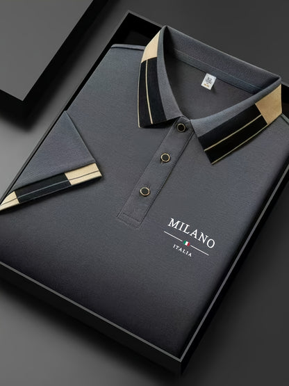 Camisa POLO ligera y suave para hombre con estampado 'MILANO ITALIA' | Ropa transpirable de verano casual y de negocios, corte regular, cuello con botones, ideal para vacaciones y uso diario, diseño de contraste de moda, tejido suave